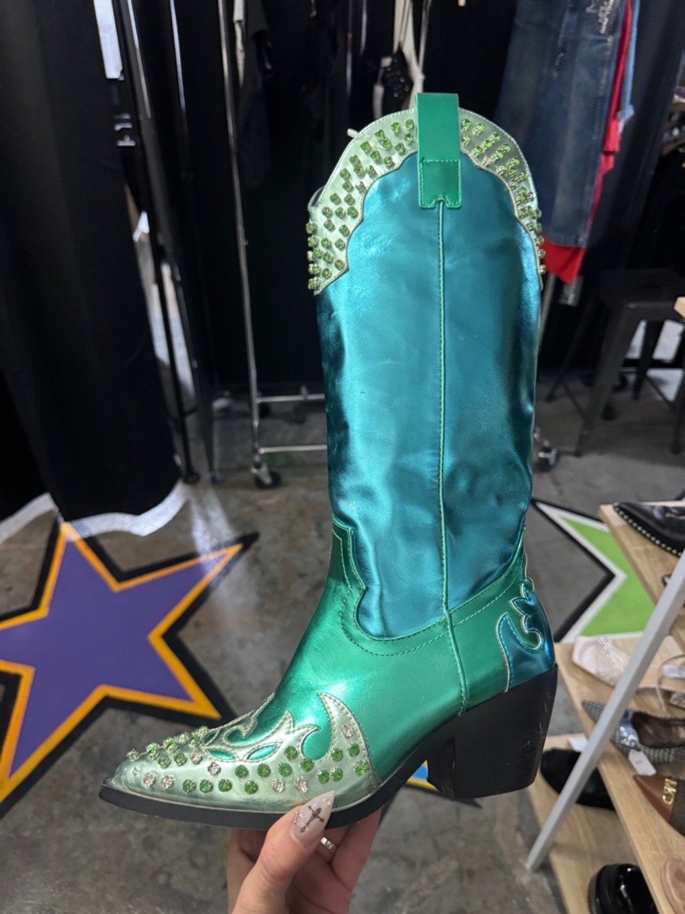 Azalea Wang Green Two-Tone Studded Women's Heeled Western Boot